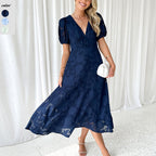 Damen Midi-Kleid mit grafischem Auschnitt und Puffärmeln R&B