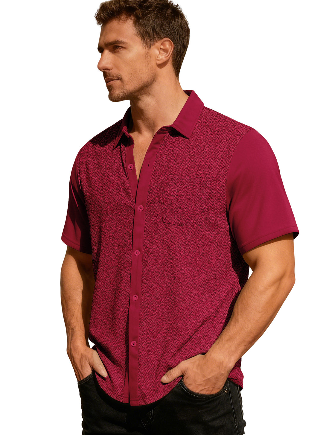 Herren nan legeres Kurzarmhemd mit Jacquardstruktur, kontrastierter Knopfleiste und Brusttasche R&B