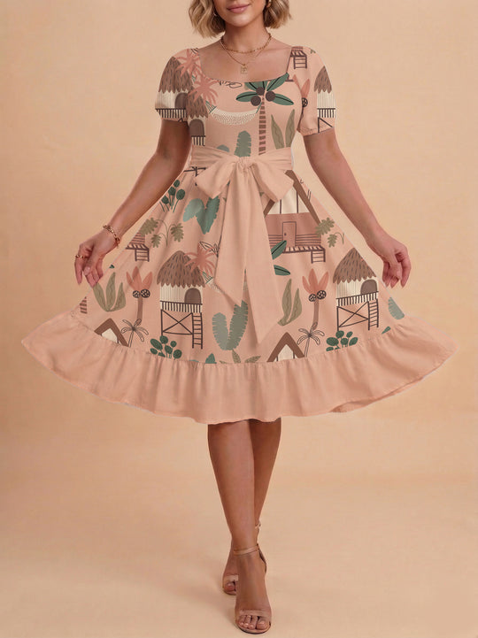Damen Sommerliches Blumenkleid mit taillierbarem Gürtel und voluminösen Ärmeln R&B