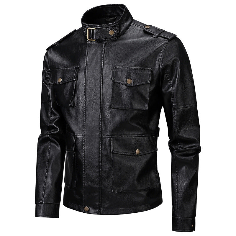 Herren Militärjacke aus Kunstleder mit praktischen Taschen und hohem Kragen R&B