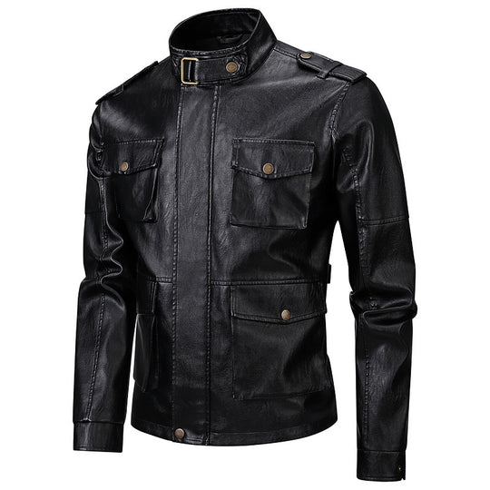 Herren Militärjacke aus Kunstleder mit praktischen Taschen und hohem Kragen R&B