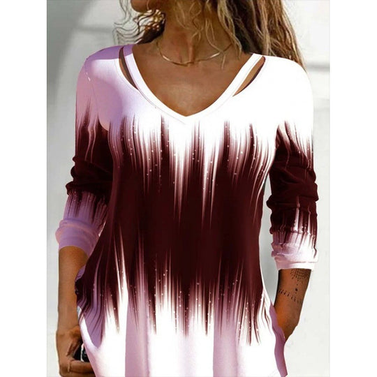 Damen Langarmshirt mit modischem V-Ausschnitt und einzigartigem Farbverlauf R&B