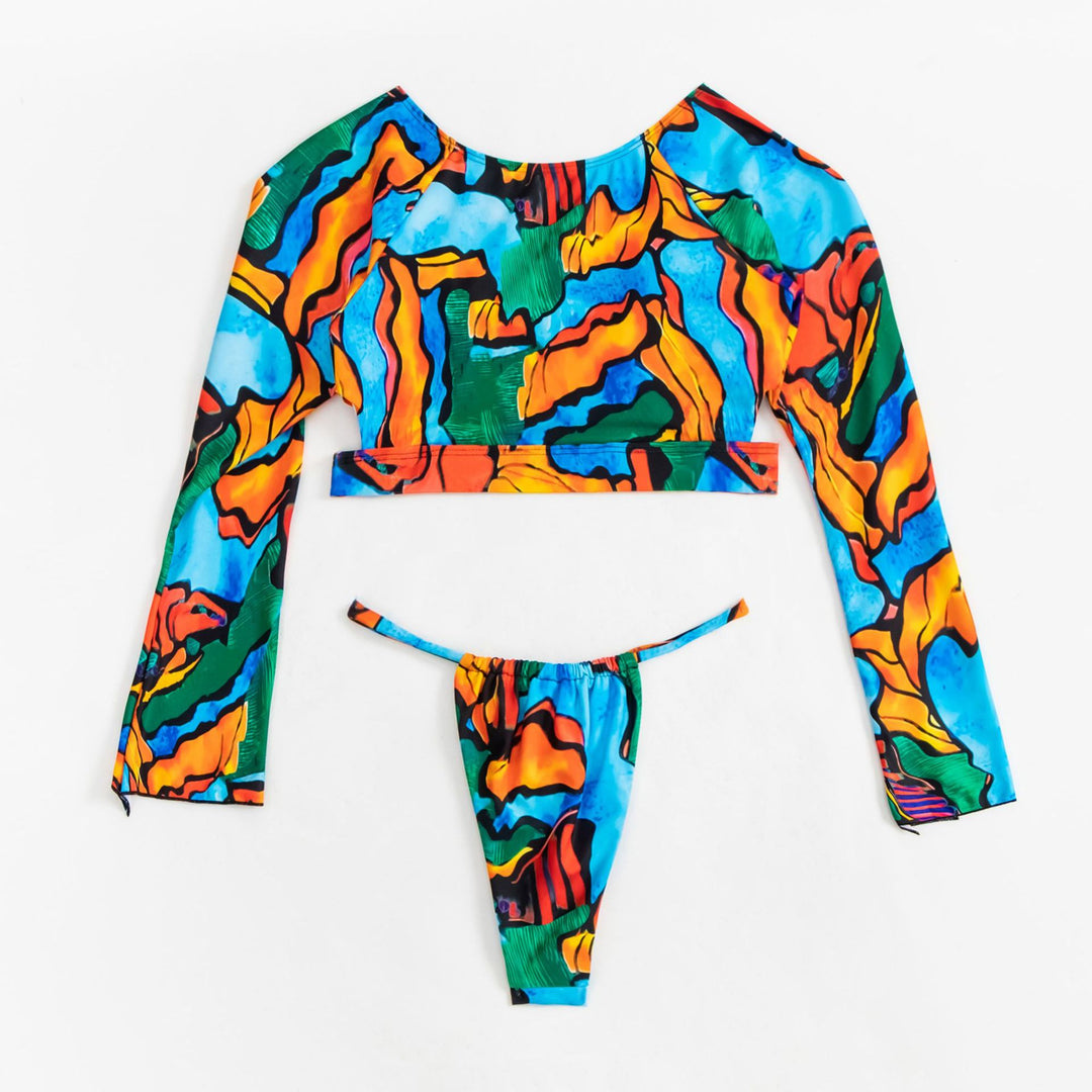 Damen Crop-Top Bikini mit langen Ärmeln und modischem Ausschnitt R&B