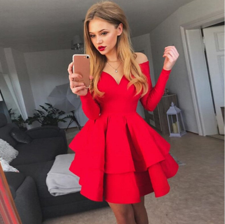 Damen Verspieltes schulterfreies Cocktailkleid mit Volants und tiefem V-Ausschnitt R&B