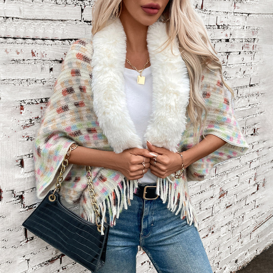 Damen eleganter Poncho mit luxuriösem Kunstfellkragen und Fransen R&B