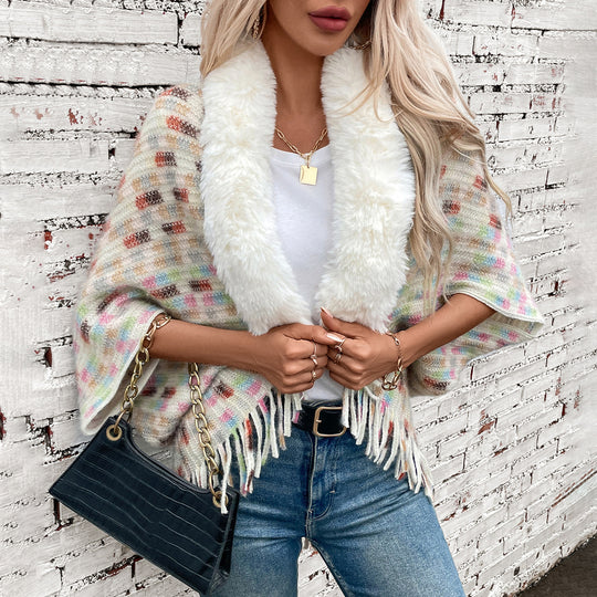 Damen eleganter Poncho mit luxuriösem Kunstfellkragen und Fransen R&B