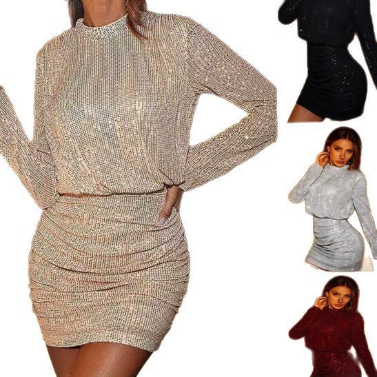 Damen figurbetontes Kurzkleid mit glitzernden Akzenten und langärmeliger Oberteilgestaltung R&B