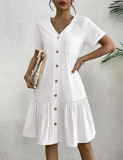 Damen lässiges Hemdblusenkleid mit Knopfdetail und ausgestelltem Rock R&B