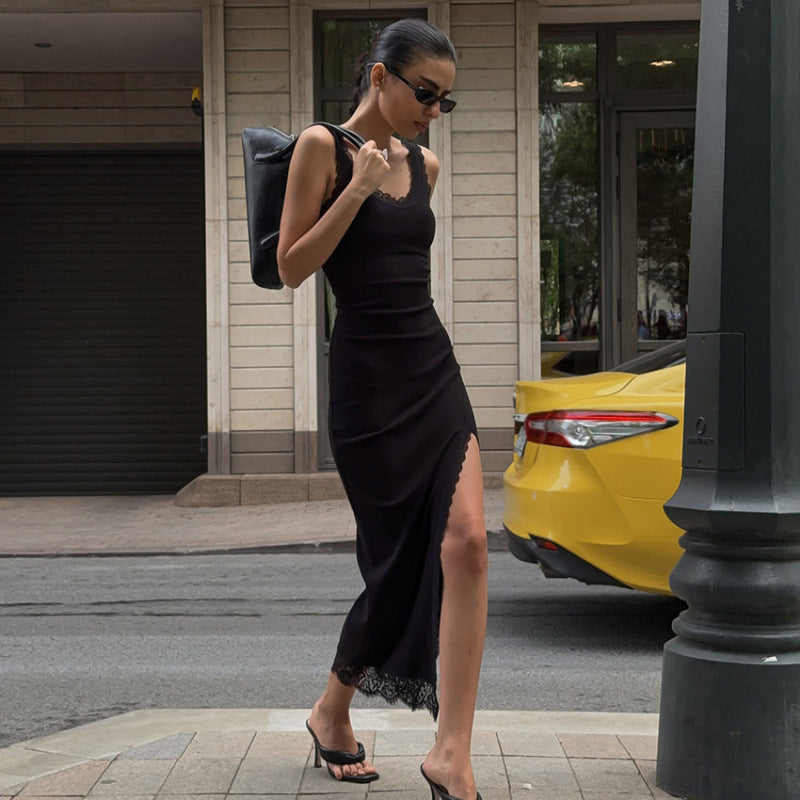 Damen Maxikleid mit Spitzenabschluss und hohem Schlitz R&B