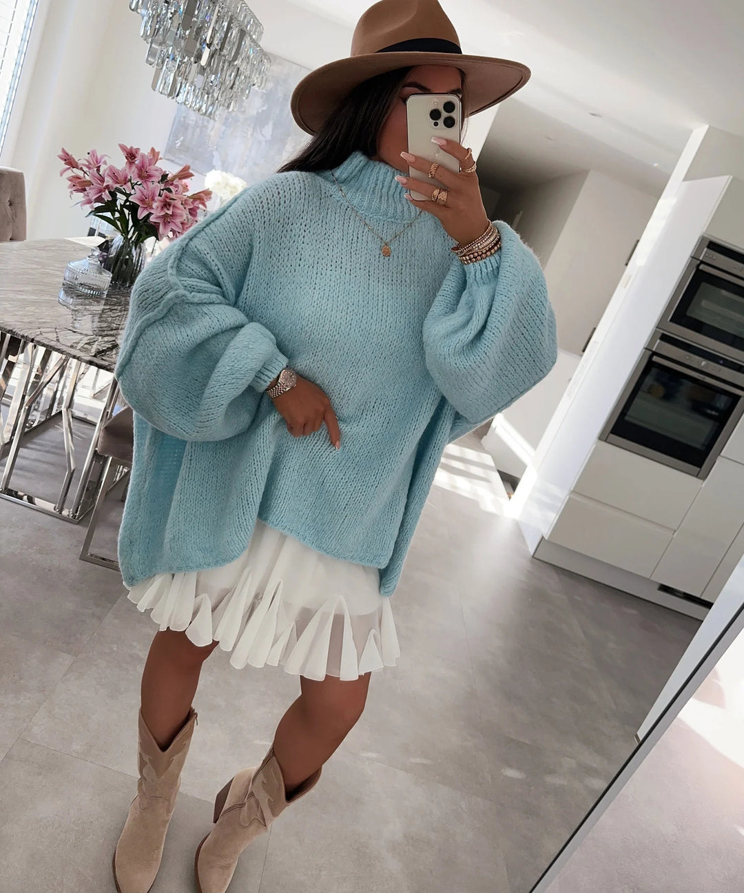 Damen lässiger Oversize Pullover mit hohen Ärmeln und unkonventionellem Schnitt R&B