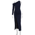 Damen figurbetontes Maxikleid mit asymmetrischem Ausschnitt und eleganten Rüschendetails R&B