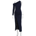 Damen figurbetontes Maxikleid mit asymmetrischem Ausschnitt und eleganten Rüschendetails R&B