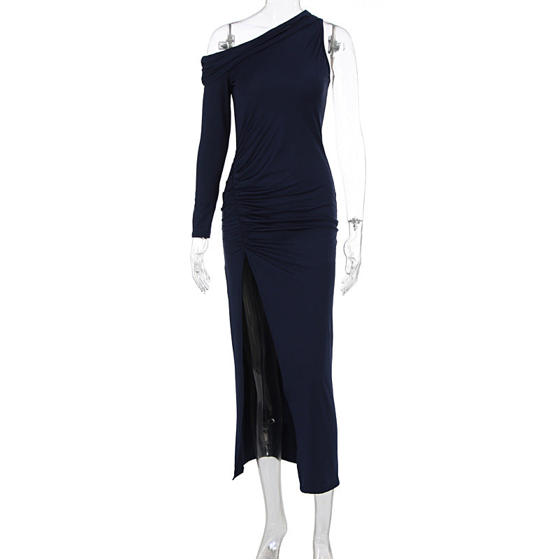 Damen figurbetontes Maxikleid mit asymmetrischem Ausschnitt und eleganten Rüschendetails R&B