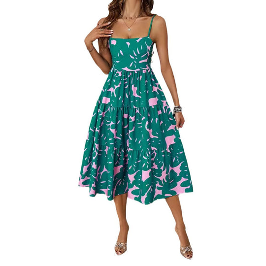 Damen Knielanges Freizeitkleid im modernen Layering-Design mit buntem Muster R&B