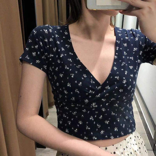Damen Crop-Top mit floralem Muster und elegantem V-Ausschnitt R&B