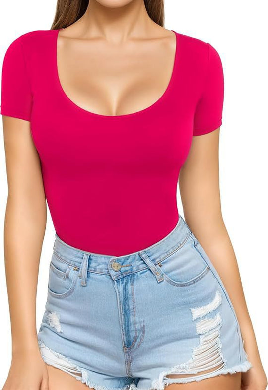 Damen figurbetontes Kurzarm-Body mit rundem Ausschnitt und nahtlosem Design R&B