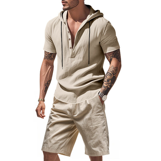 Herren lässiges Kurzarmhemd mit Kapuze und Shorts R&B