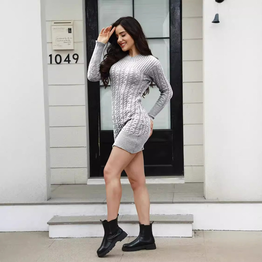 Damen Strickkleid mit kunstvollem Zopfmuster und figurbetontem Schnitt R&B