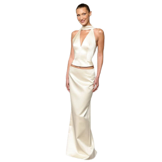 Damen Elegantes Maxikleid mit tiefem V-Ausschnitt und figurbetontem Schnitt R&B