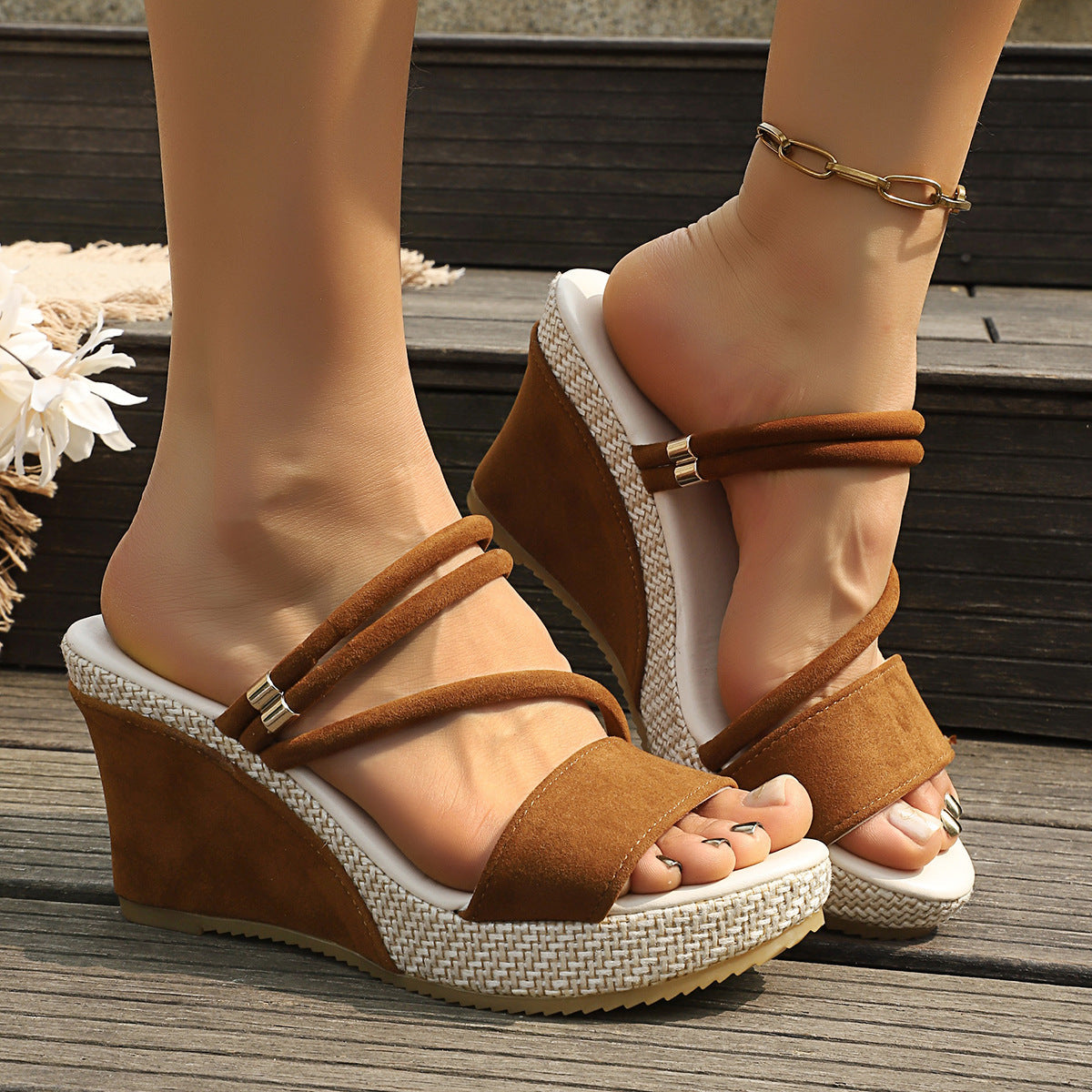 Damen Wedge-Pantoletten mit elastischen Riemen und rutschfester Sohle R&B