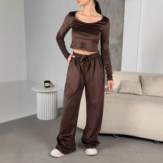 Damen modisches Crop-Top und bequeme Freizeithose Set R&B