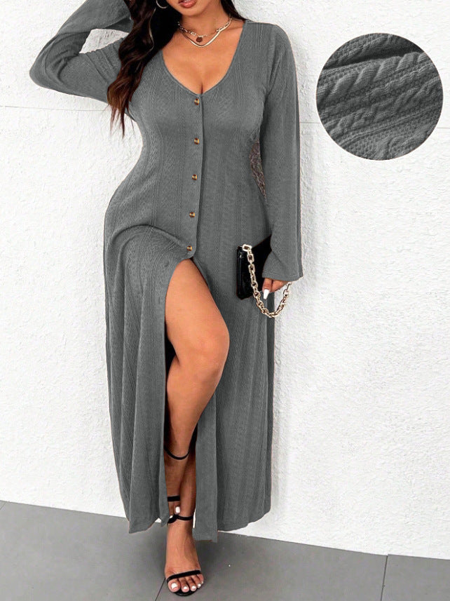 Damen Maxikleid mit innovativem Knopfdesign und tiefem Schlitz R&B