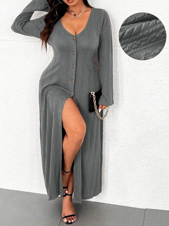 Damen Maxikleid mit innovativem Knopfdesign und tiefem Schlitz R&B