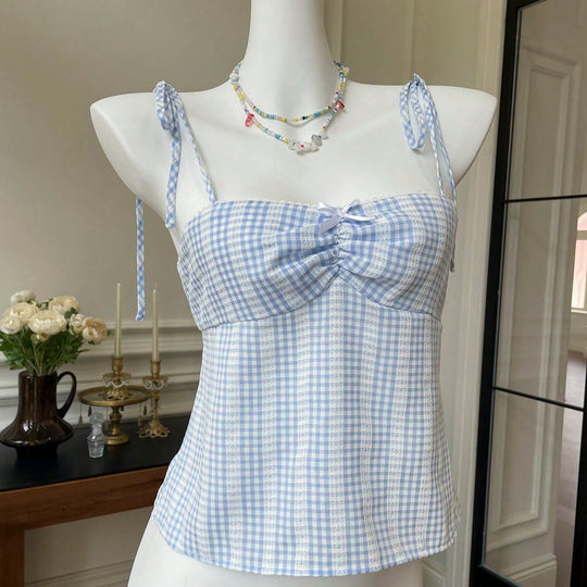 Damen Crop-Top mit verspielt gebundenen Trägern und Karomuster R&B