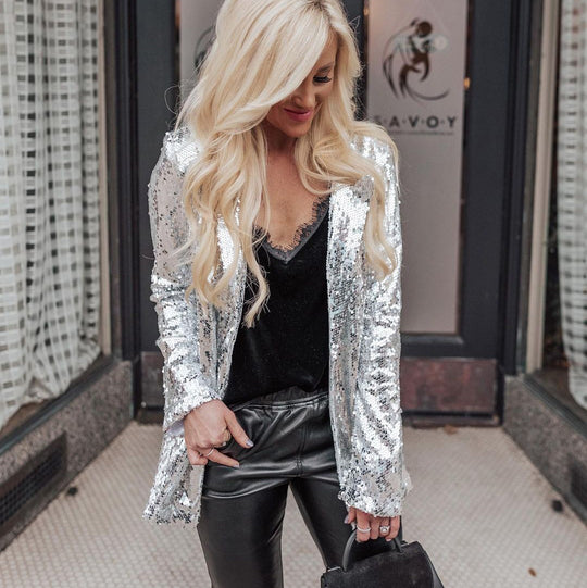Damen Glamouröse Blazerjacke mit Paillettenbesatz und langem Arm R&B