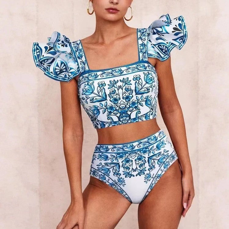 Damen Bikini-Set mit verspieltem Puffärmel und elegantem Wickelrock R&B