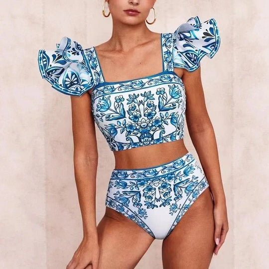 Damen Bikini-Set mit verspieltem Puffärmel und elegantem Wickelrock R&B