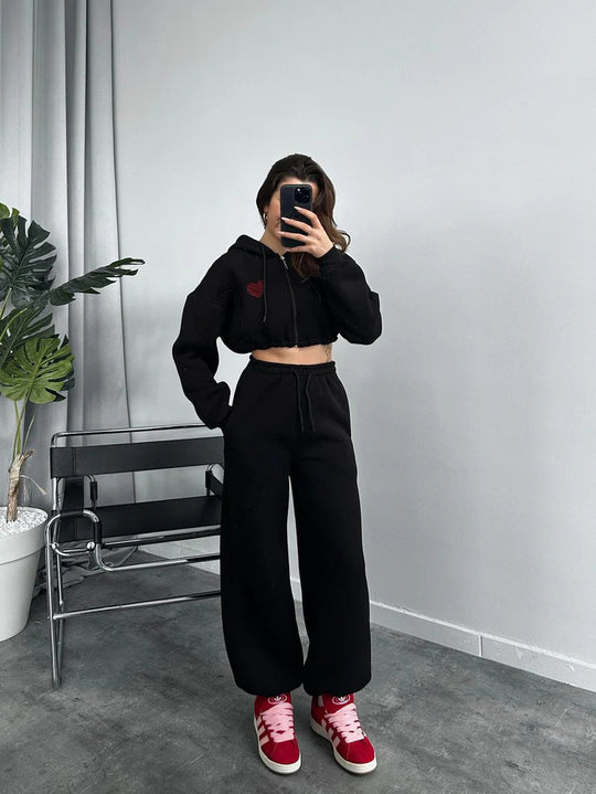 Damen Cropped Hoodie und weite Jogginghose Set R&B