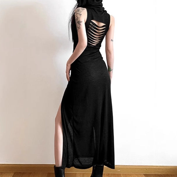 Damen Elegantes Maxikleid mit hohem Schlitz und Kapuze R&B