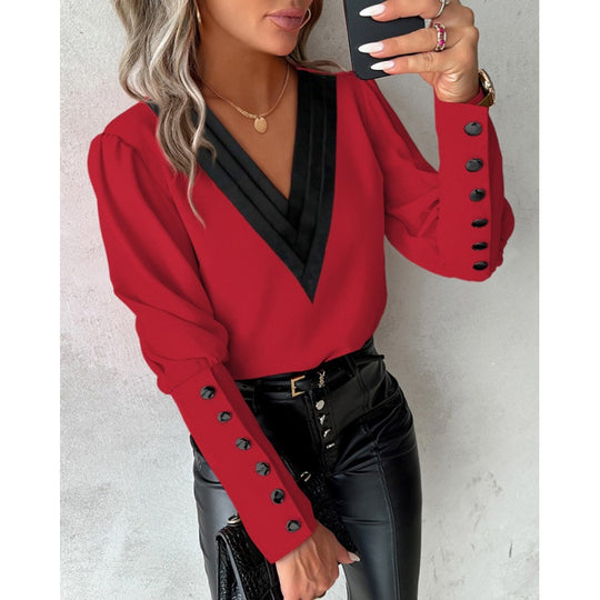 Damen Bluse mit V-Ausschnitt und eleganten Puffärmeln R&B