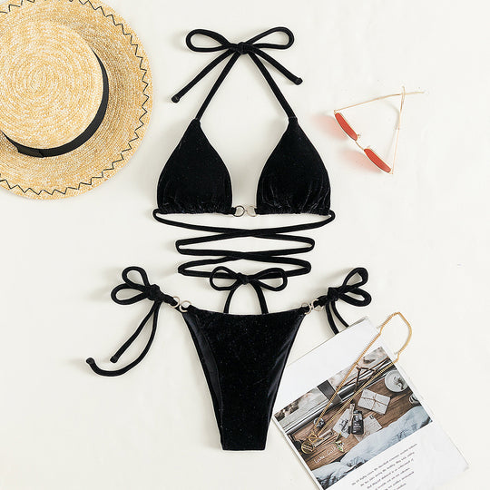 Damen Triangel-Bikini mit verstellbaren Trägern und luxuriösem Samt-Design R&B
