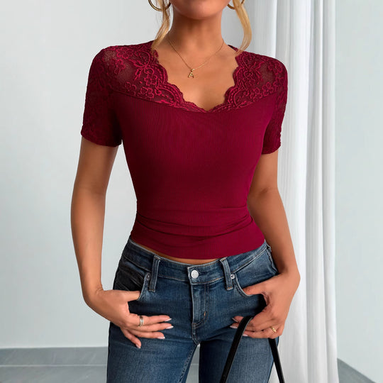 Damen Spitzen-Crop-Top mit elegantem Rundhalsausschnitt R&B