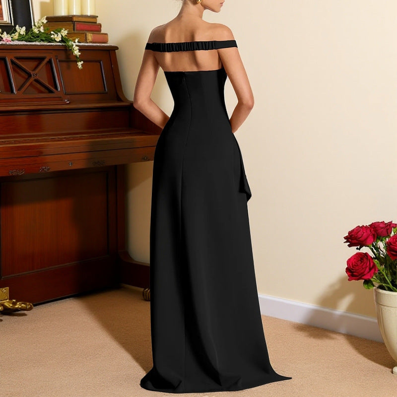 Damen elegantes schulterfreies Abendkleid mit hoher Schlitze und V-Ausschnitt R&B