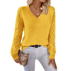 Damen Eleganter Strickpullover mit V-Ausschnitt und gehäkelten Ärmeln R&B