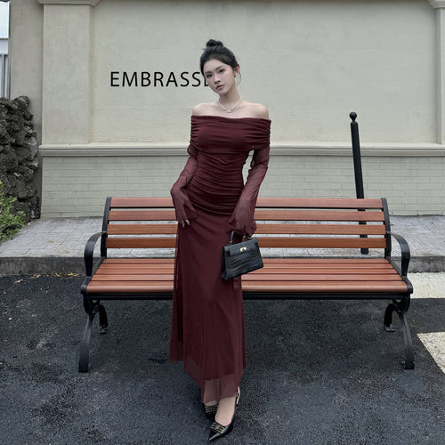 Damen Off-Shoulder Abendkleid mit gerafftem Design und langen Ärmeln R&B