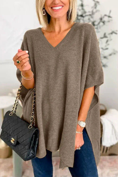 Damen Strickponcho mit V-Ausschnitt und lässigem Schnitt R&B