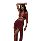 Damen verführerisches Bodycon-Kleid mit tiefem V-Ausschnitt und Rüschendetail R&B
