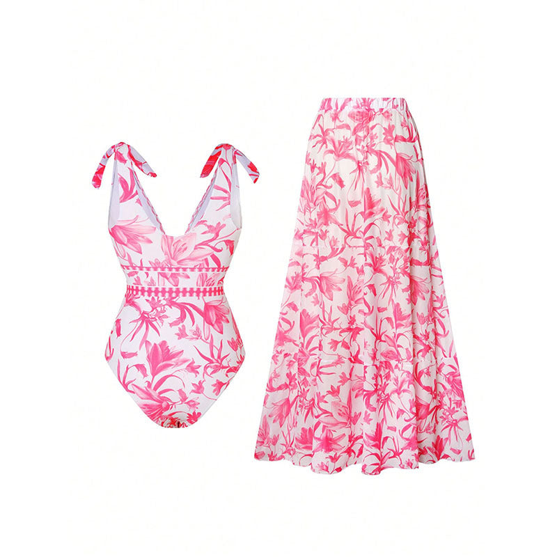 Damen Badeanzug mit floralem Design und passendem Maxirock R&B