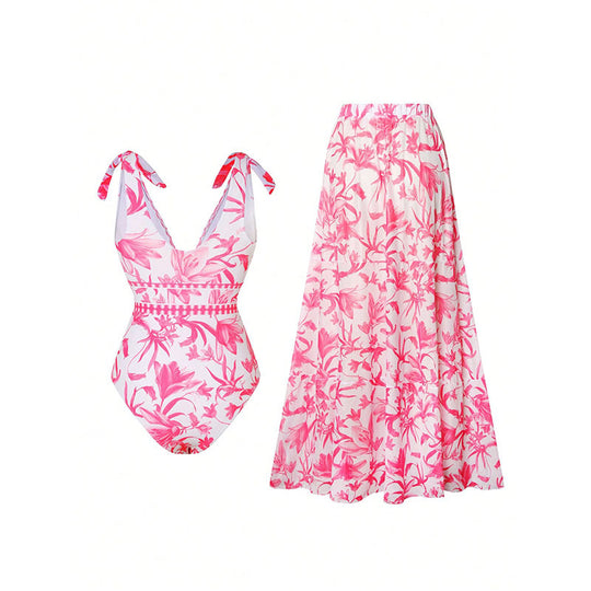 Damen Badeanzug mit floralem Design und passendem Maxirock R&B