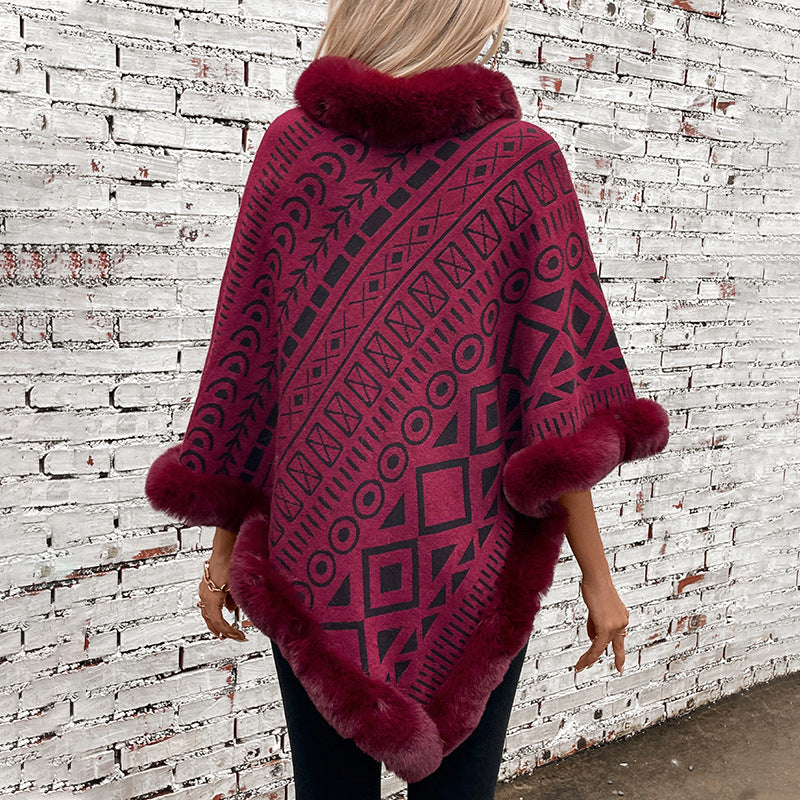 Damen modischer Poncho mit dekorativem Kunstfellkragen R&B