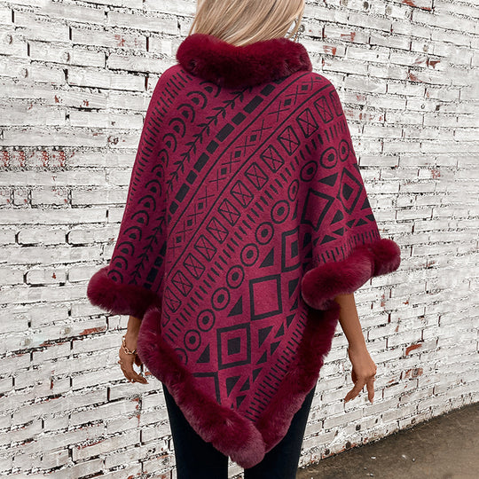Damen modischer Poncho mit dekorativem Kunstfellkragen R&B