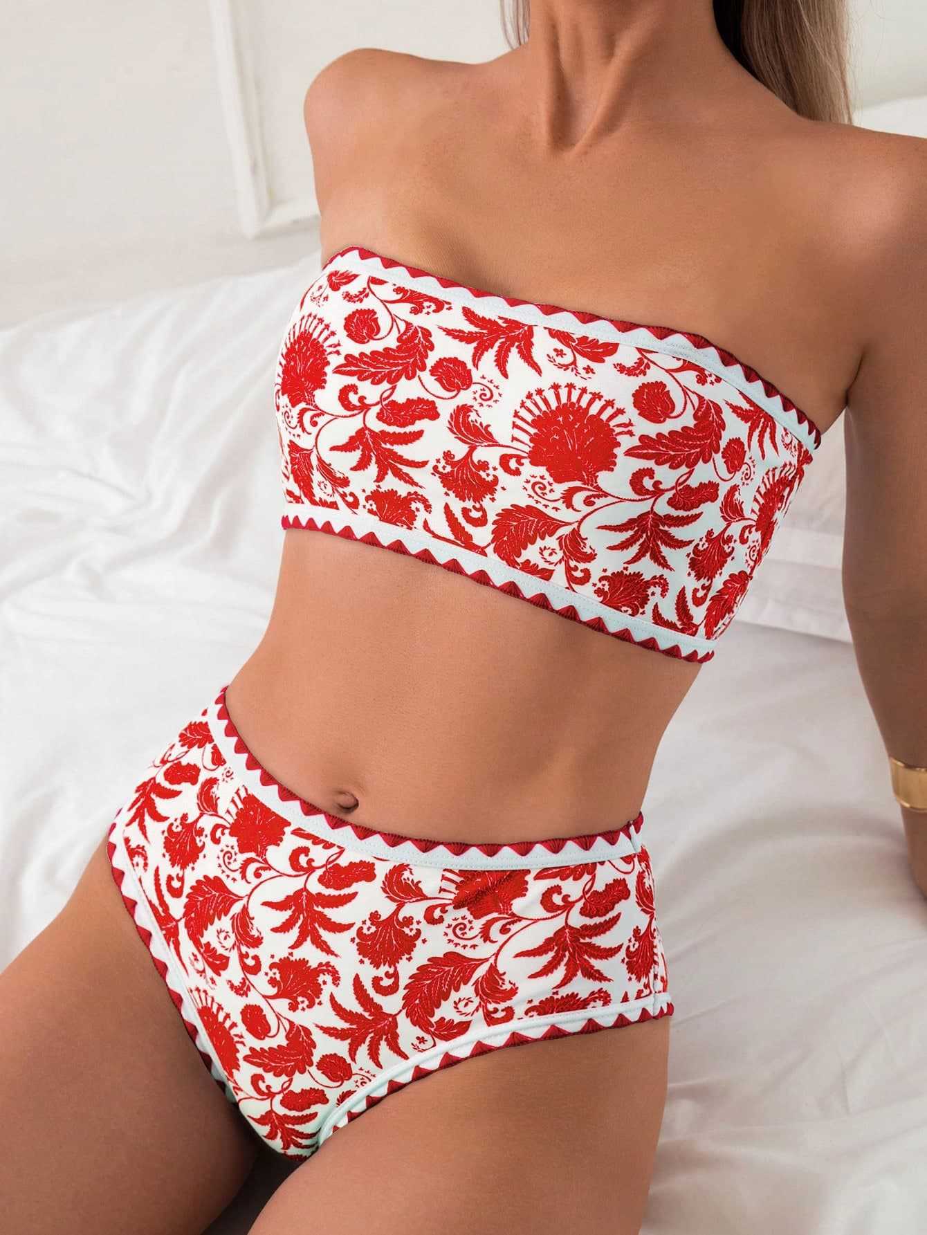 Damen Bandeau-Bikini-Set mit farbenfrohem floralen Muster und elastischem Gürtel R&B