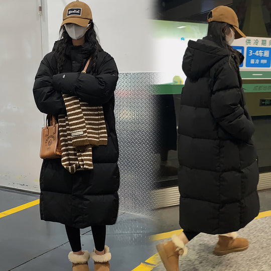 Damen Lange Steppjacke mit Kapuze und hohen Kragen R&B