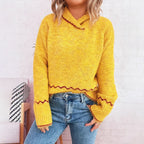 Damen lässiger Strickpullover mit modischem Kragen und fransigen Akzenten R&B