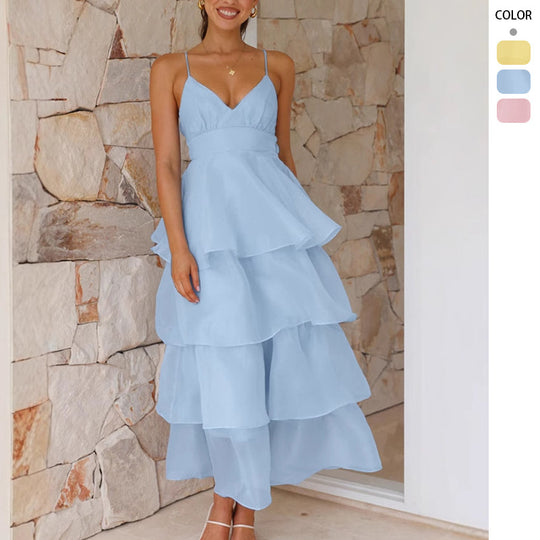 Damen luftiges Maxikleid mit Schichten und Spaghettiträgern R&B