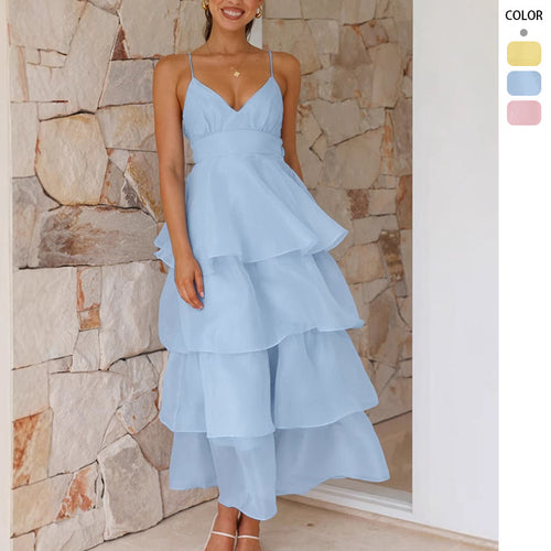 Damen luftiges Maxikleid mit Schichten und Spaghettiträgern R&B